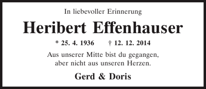  Traueranzeige für Heribert Effenhauser vom 12.12.2015 aus Mittelbayerische Zeitung Regensburg