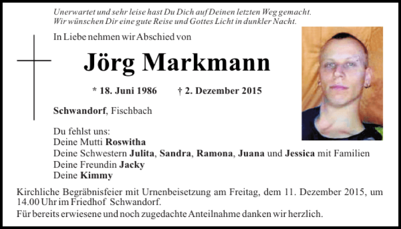  Traueranzeige für Jörg Markmann vom 09.12.2015 aus Mittelbayerische Zeitung Schwandorf
