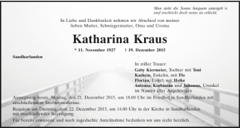 Traueranzeige von Katharina Kraus von Mittelbayerische Zeitung Kelheim