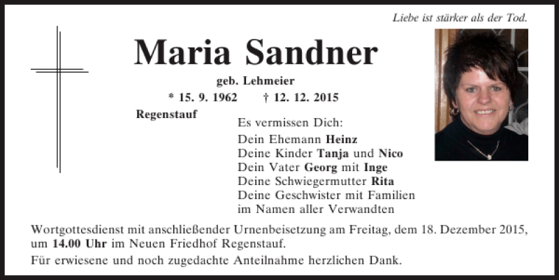  Traueranzeige für Maria Sandner vom 16.12.2015 aus Mittelbayerische Zeitung Regensburg