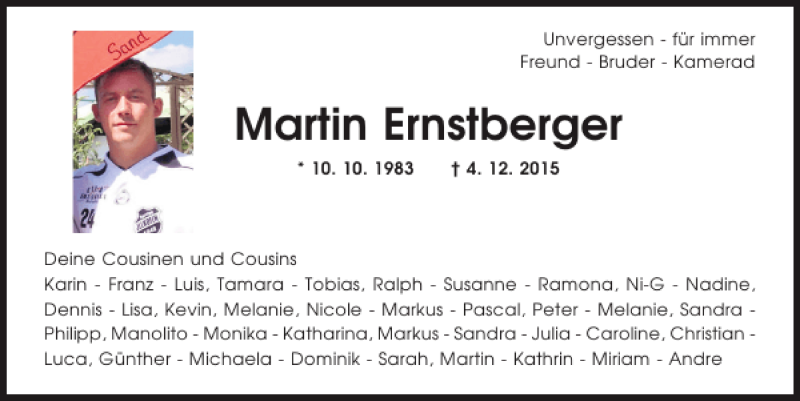  Traueranzeige für Martin Ernstberger vom 09.12.2015 aus Mittelbayerische Zeitung Regensburg