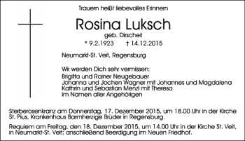 Traueranzeige von Rosina Luksch von Mittelbayerische Zeitung Regensburg