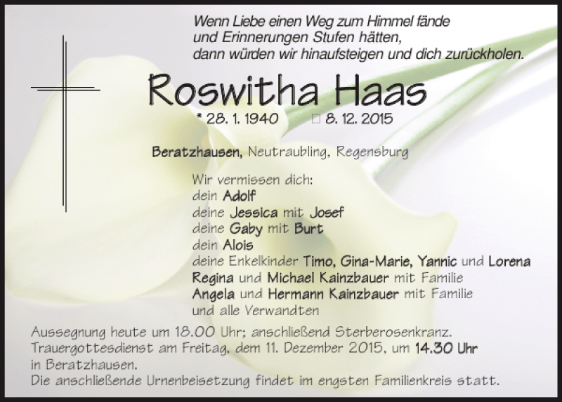  Traueranzeige für Roswitha Haas vom 10.12.2015 aus Mittelbayerische Zeitung Regensburg