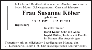 Traueranzeige von Susanne Köber von Mittelbayerische Zeitung Regensburg