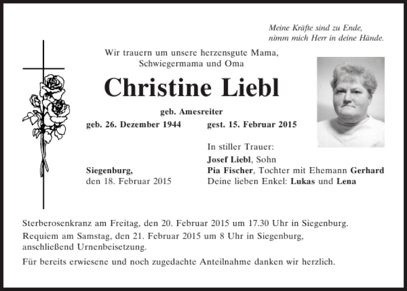  Traueranzeige für Christine Liebl vom 18.02.2015 aus Mittelbayerische Zeitung