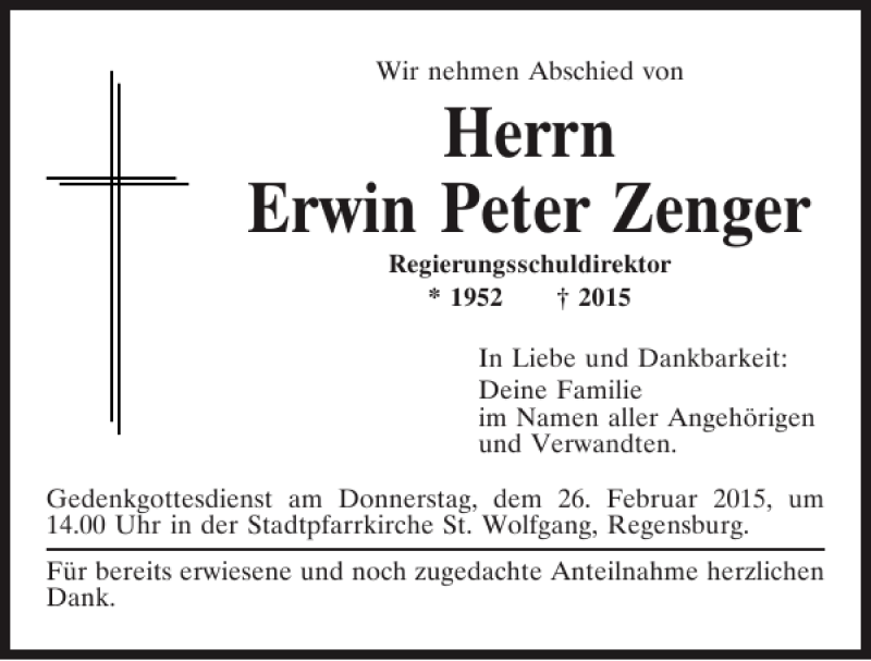  Traueranzeige für Erwin Peter Zenger vom 25.02.2015 aus Mittelbayerische Zeitung
