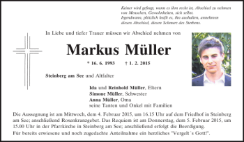 Traueranzeige von Markus Müller von Mittelbayerische Zeitung