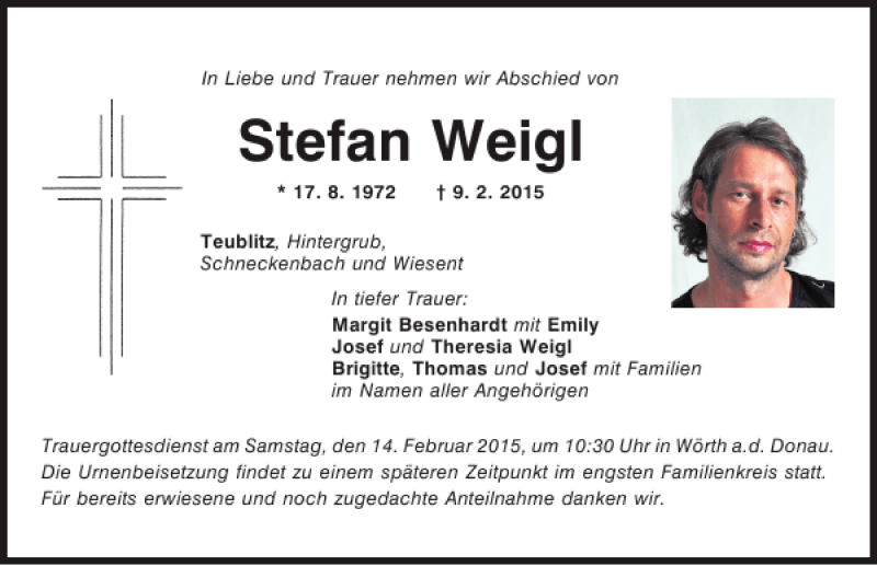  Traueranzeige für Stefan Weigl vom 12.02.2015 aus Mittelbayerische Zeitung
