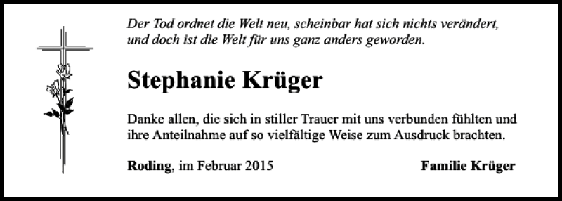  Traueranzeige für Stephanie  Krüger vom 07.02.2015 aus Mittelbayerische Zeitung