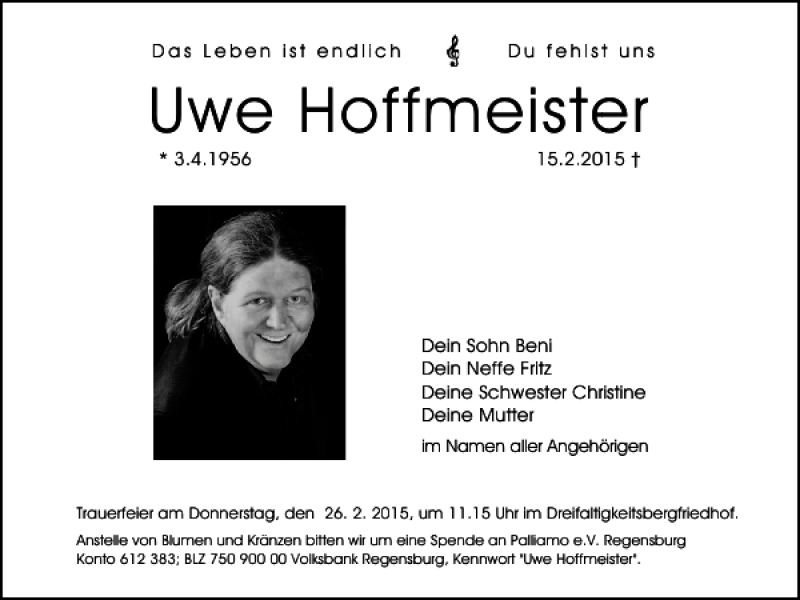  Traueranzeige für Uwe Hoffmeister vom 21.02.2015 aus Mittelbayerische Zeitung