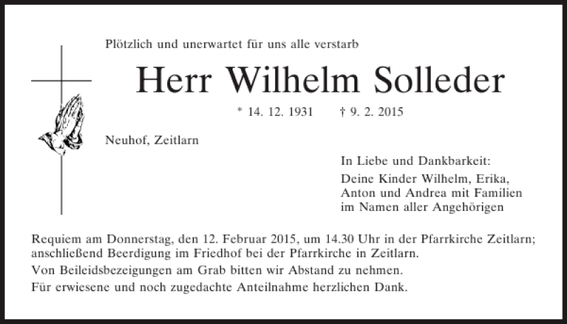  Traueranzeige für Wilhelm Solleder. Neuhof vom 11.02.2015 aus Mittelbayerische Zeitung