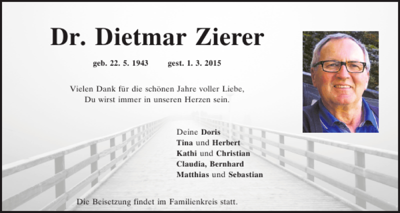  Traueranzeige für Dr. Dietmar Zierer vom 04.03.2015 aus Mittelbayerische Zeitung