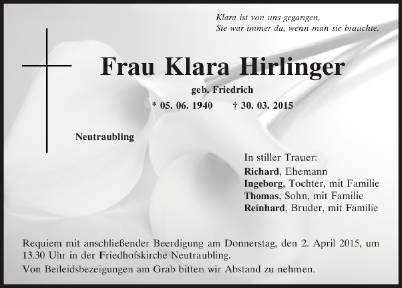  Traueranzeige für Frau Klara Hirlinger vom 31.03.2015 aus Mittelbayerische Zeitung