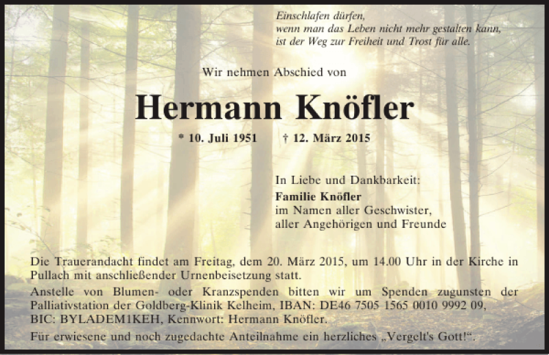  Traueranzeige für Hermann Knöfler vom 18.03.2015 aus Mittelbayerische Zeitung