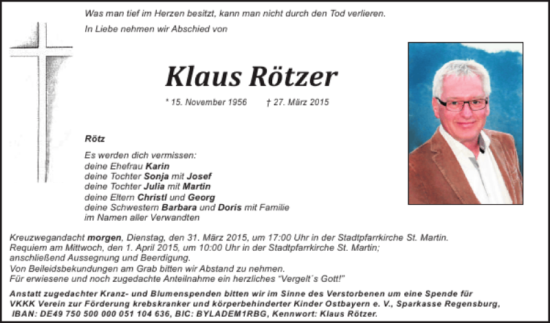  Traueranzeige für Klaus Rötzer vom 30.03.2015 aus Mittelbayerische Zeitung