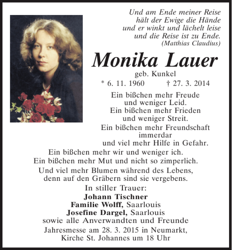  Traueranzeige für Monika Lauer vom 27.03.2015 aus Mittelbayerische Zeitung