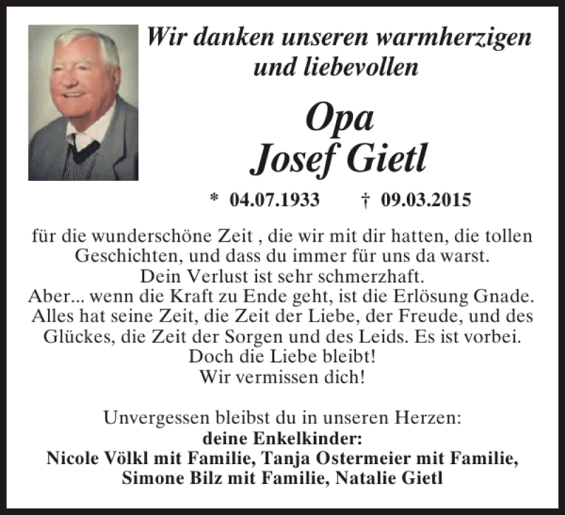  Traueranzeige für Opa Josef Gietl vom 14.03.2015 aus Mittelbayerische Zeitung