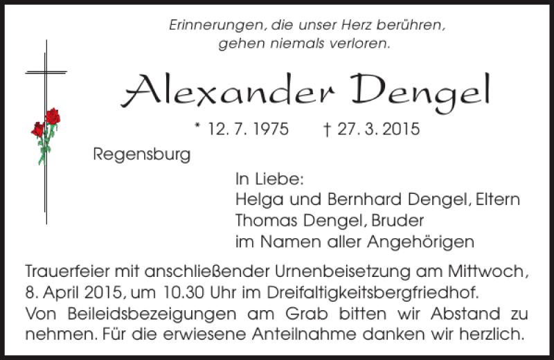  Traueranzeige für Alexander Dengel vom 04.04.2015 aus Mittelbayerische Zeitung