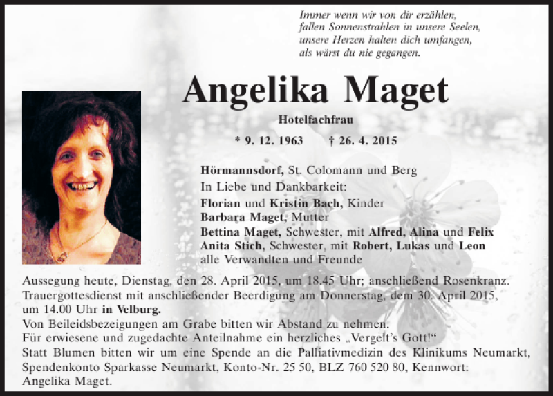  Traueranzeige für Angelika Maget vom 28.04.2015 aus Mittelbayerische Zeitung