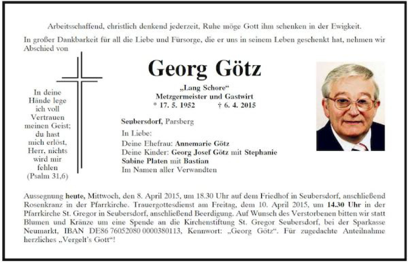  Traueranzeige für Georg Götz vom 08.04.2015 aus Mittelbayerische Zeitung