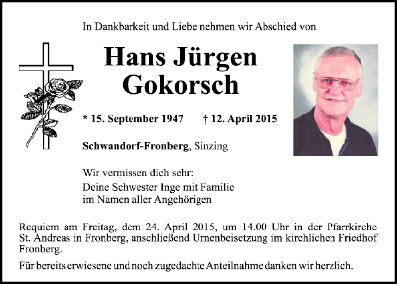  Traueranzeige für Hans Jürgen Gokorsch vom 18.04.2015 aus Mittelbayerische Zeitung