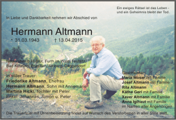 Traueranzeige von Hermann Altmann von Mittelbayerische Zeitung