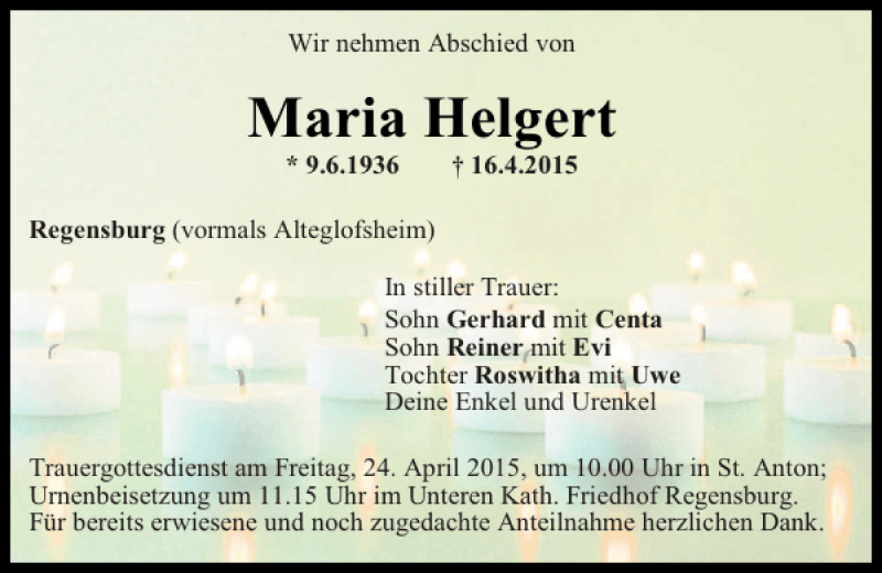 Traueranzeigen von Maria Helgert Mittelbayerische Trauer
