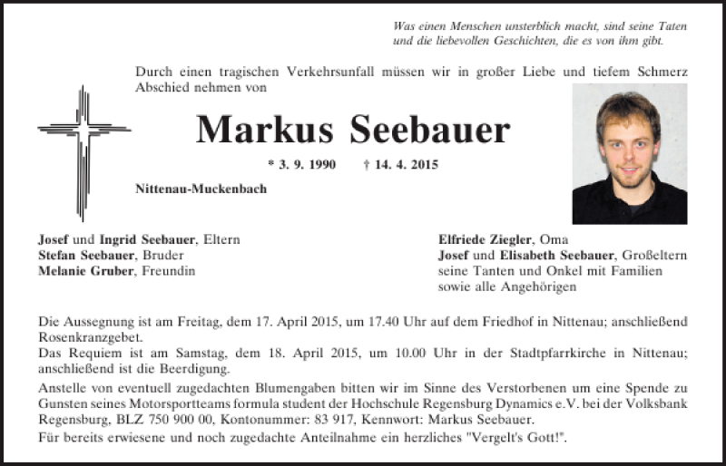  Traueranzeige für Markus Seebauer vom 16.04.2015 aus Mittelbayerische Zeitung
