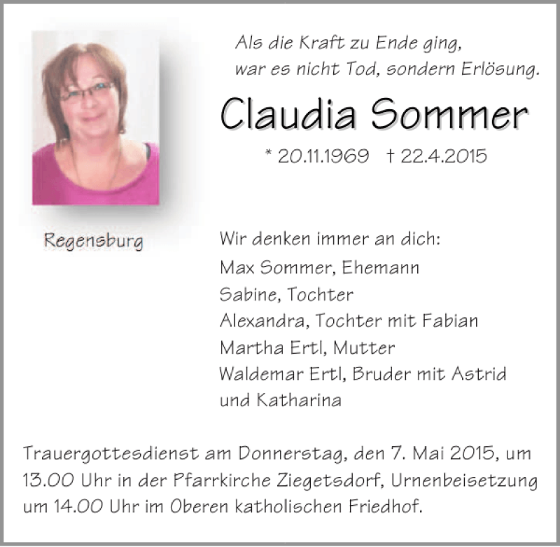  Traueranzeige für Claudia Sommer vom 02.05.2015 aus Mittelbayerische Zeitung