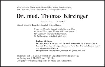 Traueranzeige von Dr. med. Thomas Kirzinger von Mittelbayerische Zeitung