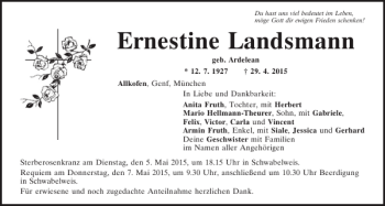Traueranzeige von Ernestine Landsmann von Mittelbayerische Zeitung