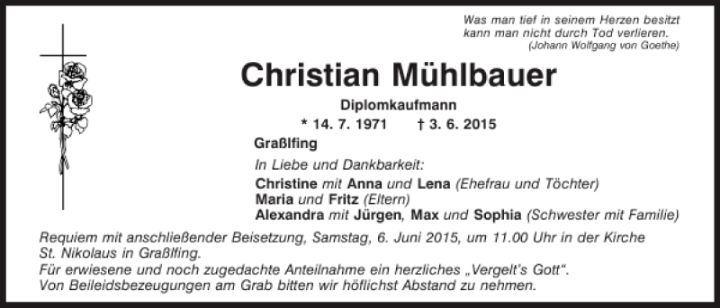  Traueranzeige für Christian Mühlbauer vom 06.06.2015 aus Mittelbayerische Zeitung