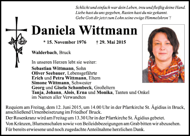  Traueranzeige für Daniela Wittmann vom 10.06.2015 aus Mittelbayerische Zeitung