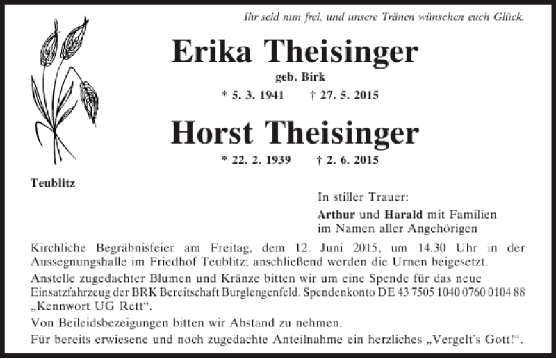  Traueranzeige für Erika Theisinger/Horst Theisinger vom 11.06.2015 aus Mittelbayerische Zeitung