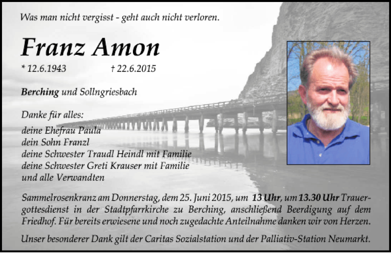  Traueranzeige für Franz Amon vom 24.06.2015 aus Mittelbayerische Zeitung