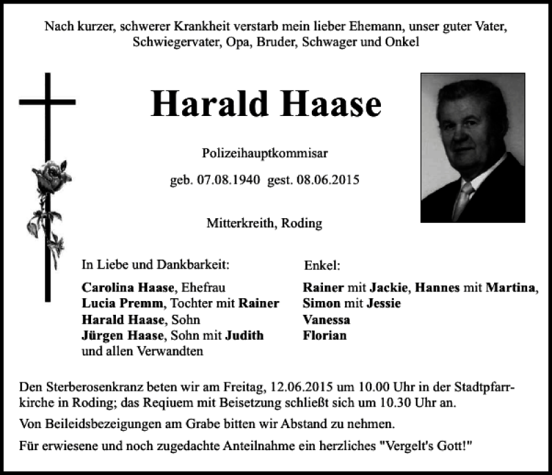  Traueranzeige für Harald Haase vom 10.06.2015 aus Mittelbayerische Zeitung