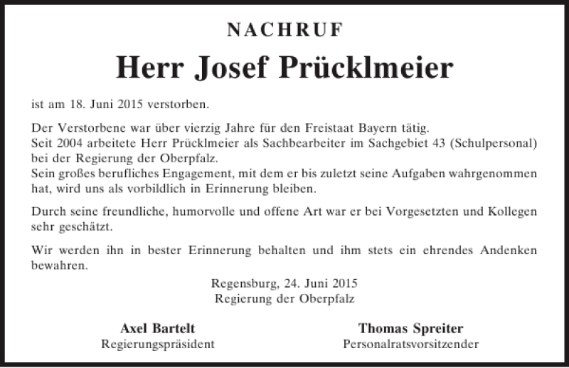  Traueranzeige für Josef Prücklmeier vom 25.06.2015 aus Mittelbayerische Zeitung