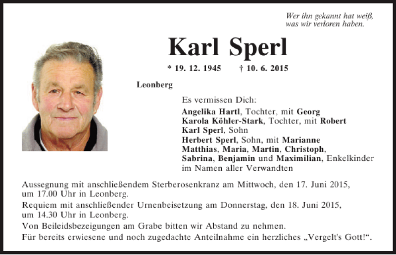  Traueranzeige für Karl Sperl vom 13.06.2015 aus Mittelbayerische Zeitung