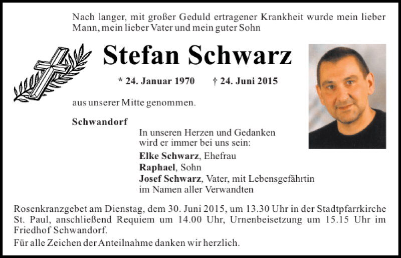  Traueranzeige für Stefan Schwarz vom 26.06.2015 aus Mittelbayerische Zeitung