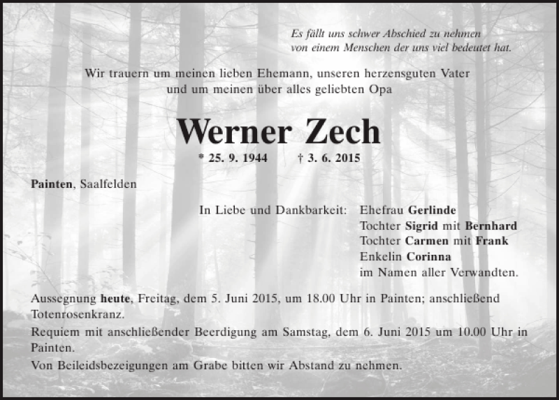  Traueranzeige für Werner Zech vom 05.06.2015 aus Mittelbayerische Zeitung