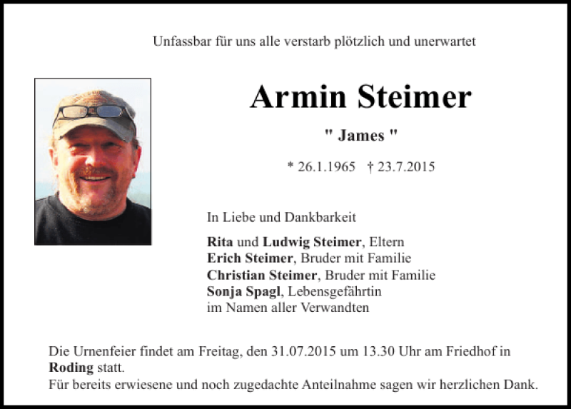  Traueranzeige für Armin Steimer vom 29.07.2015 aus Mittelbayerische Zeitung