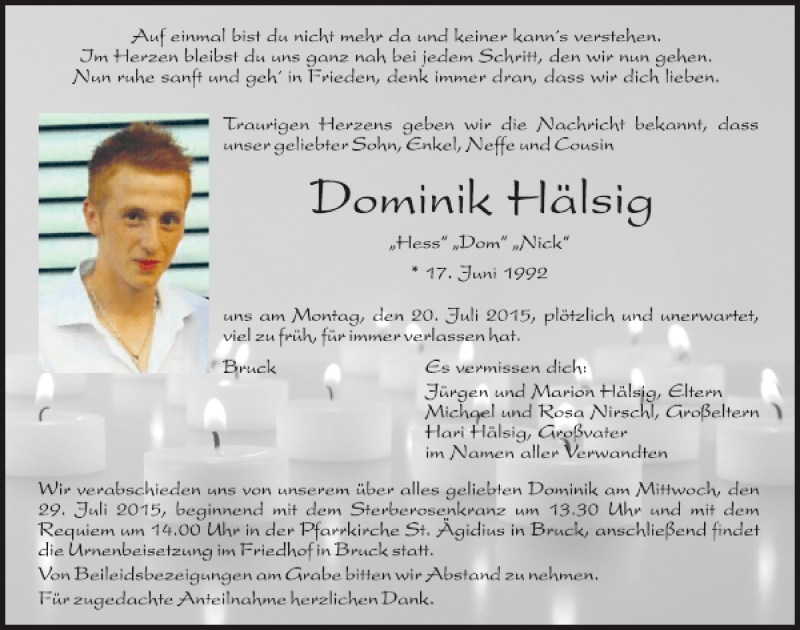  Traueranzeige für Dominik Hälsig vom 27.07.2015 aus Mittelbayerische Zeitung