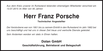 Traueranzeige von Franz Porsche von Mittelbayerische Zeitung