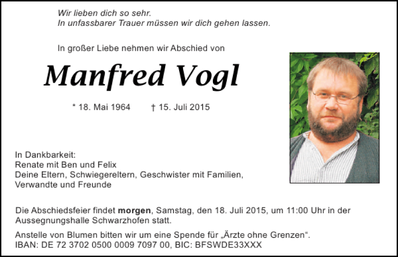 Traueranzeigen von Manfred Vogl | Mittelbayerische Trauer