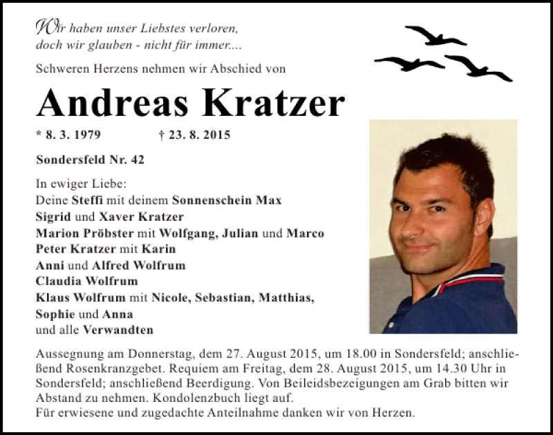  Traueranzeige für Andreas Kratzer vom 26.08.2015 aus Mittelbayerische Zeitung