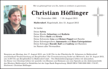 Traueranzeige von Christian Höflinger von Mittelbayerische Zeitung