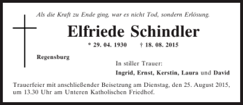Traueranzeige von Elfriede Schindler von Mittelbayerische Zeitung