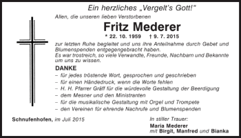 Traueranzeige von Fritz Mederer von Mittelbayerische Zeitung