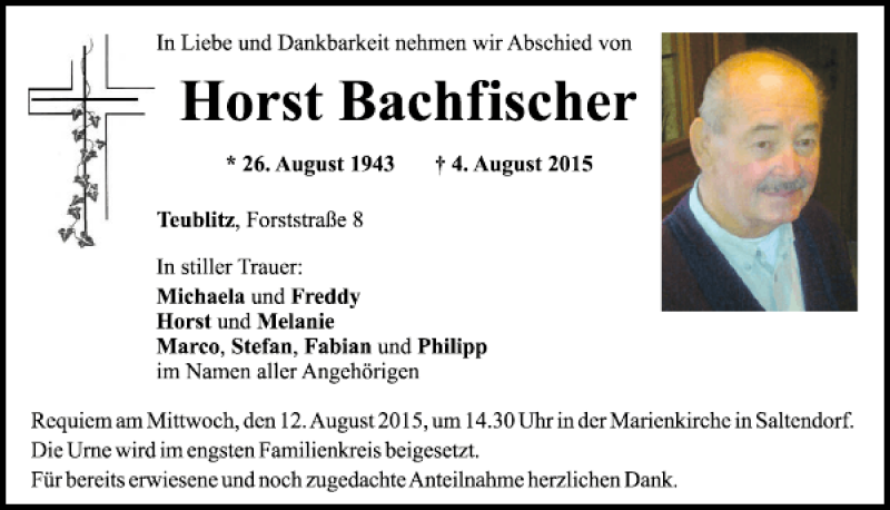  Traueranzeige für Horst Bachfischer vom 11.08.2015 aus Mittelbayerische Zeitung