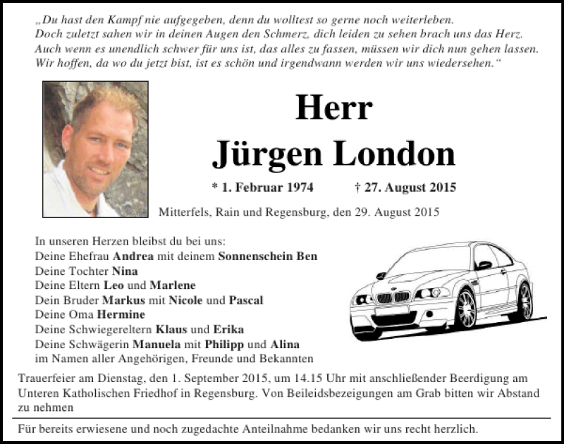  Traueranzeige für Jürgen London vom 29.08.2015 aus Mittelbayerische Zeitung